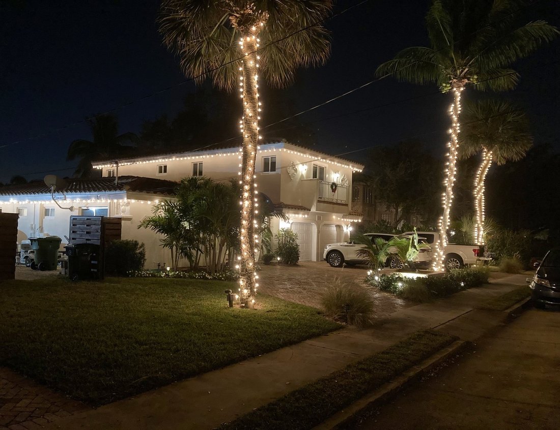 Wrapped palms in front of a two-story home at dusk, Indian Rocks Beach Christmas lighting