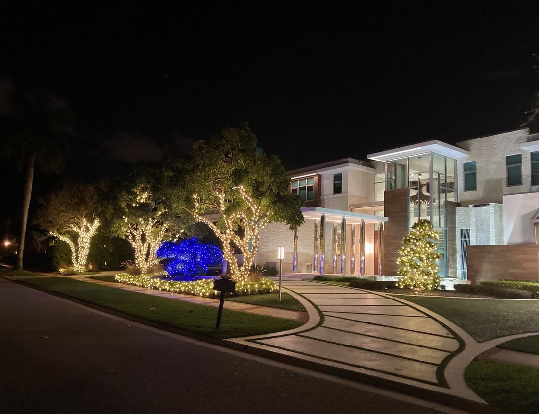 Modern home with uplit trees and a curved lit driveway at night, Tierra Verde Christmas lighting