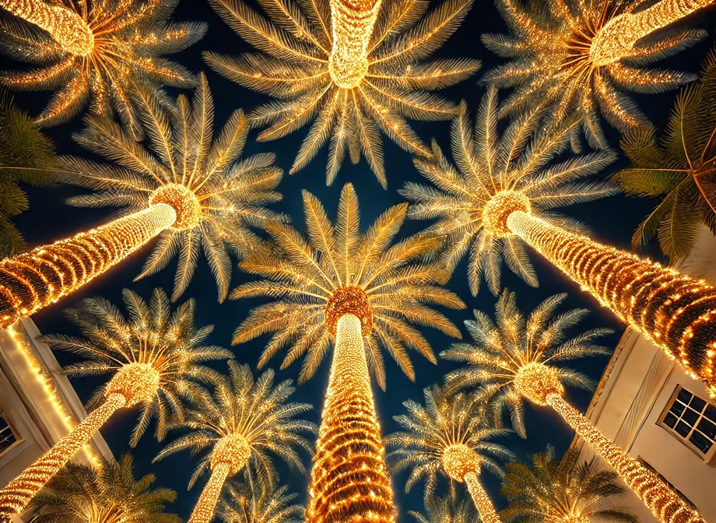 Wrapped royal palms glowing at night, the Sugar Plums & Fancy signature look
