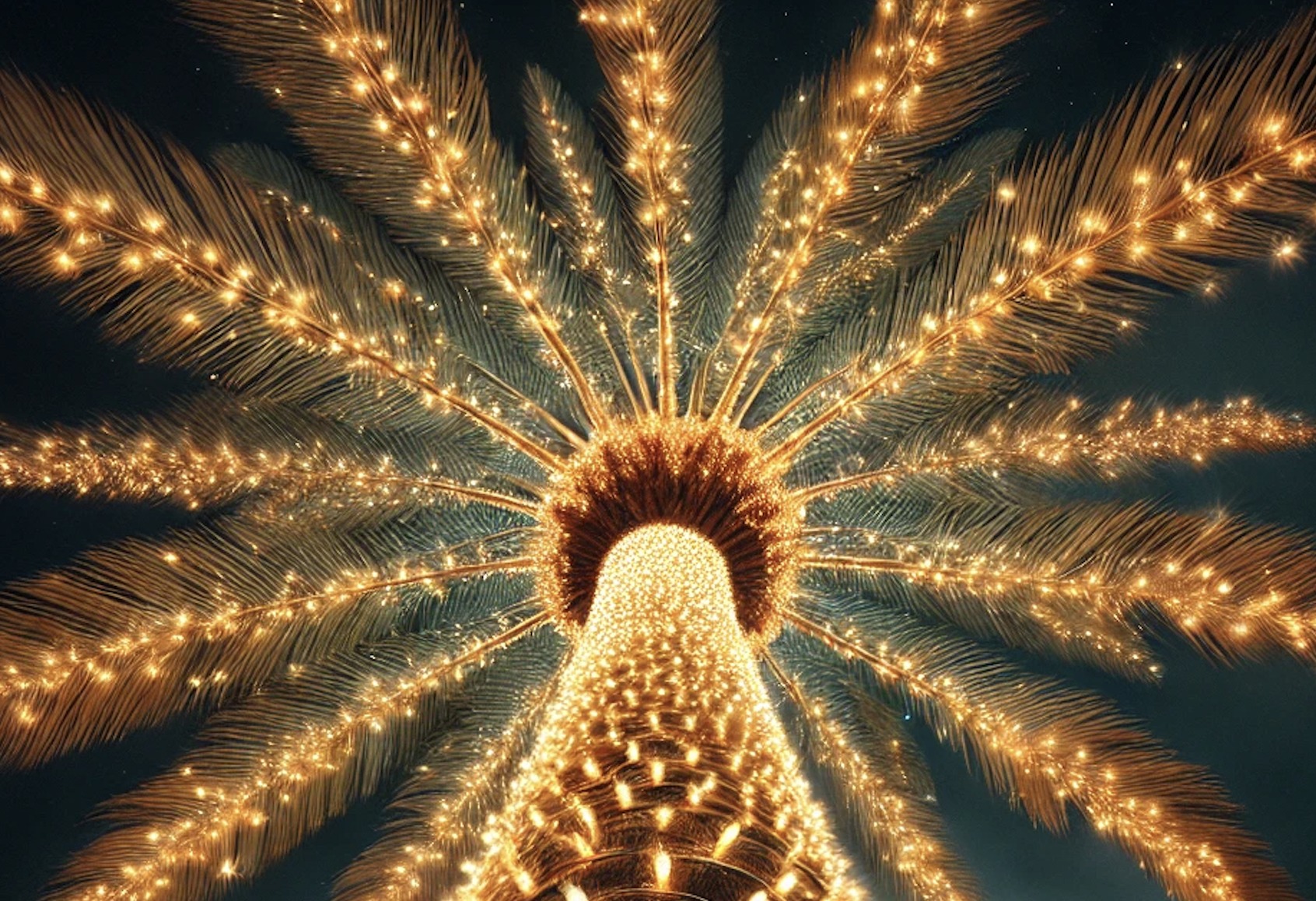 Wrapped palm trunk glowing gold at night, viewed from below
