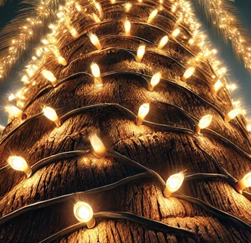 Close detail of warm white lights wound tightly around a wrapped palm trunk